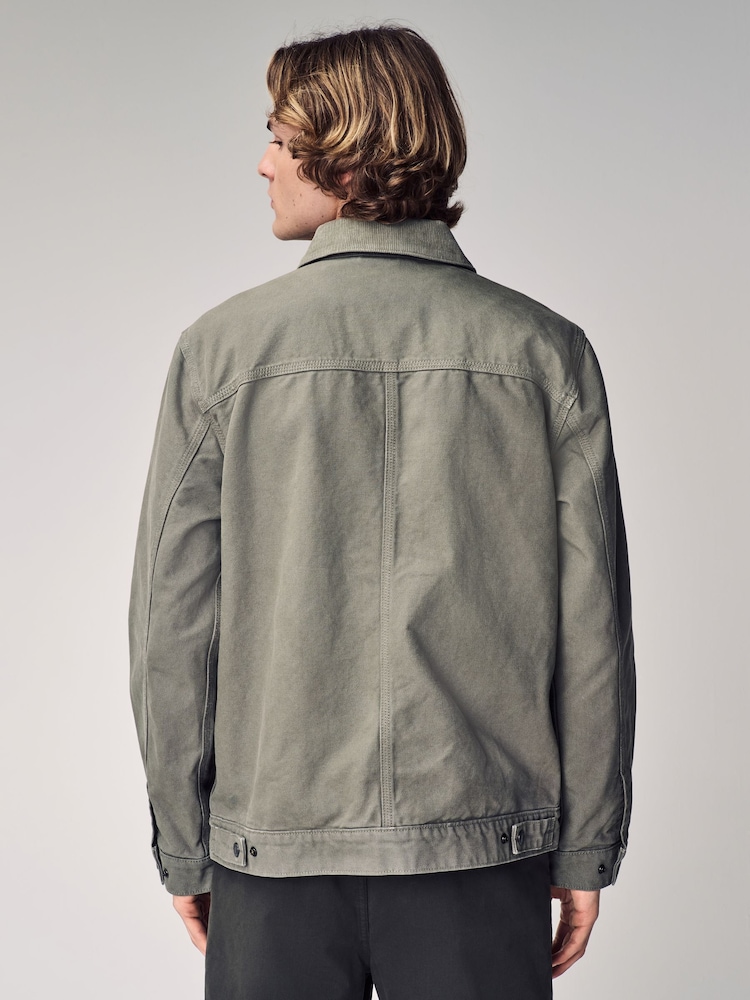 Sage Green Canvas Worker Jacket with Corduroy Collar - Image 3 of 8