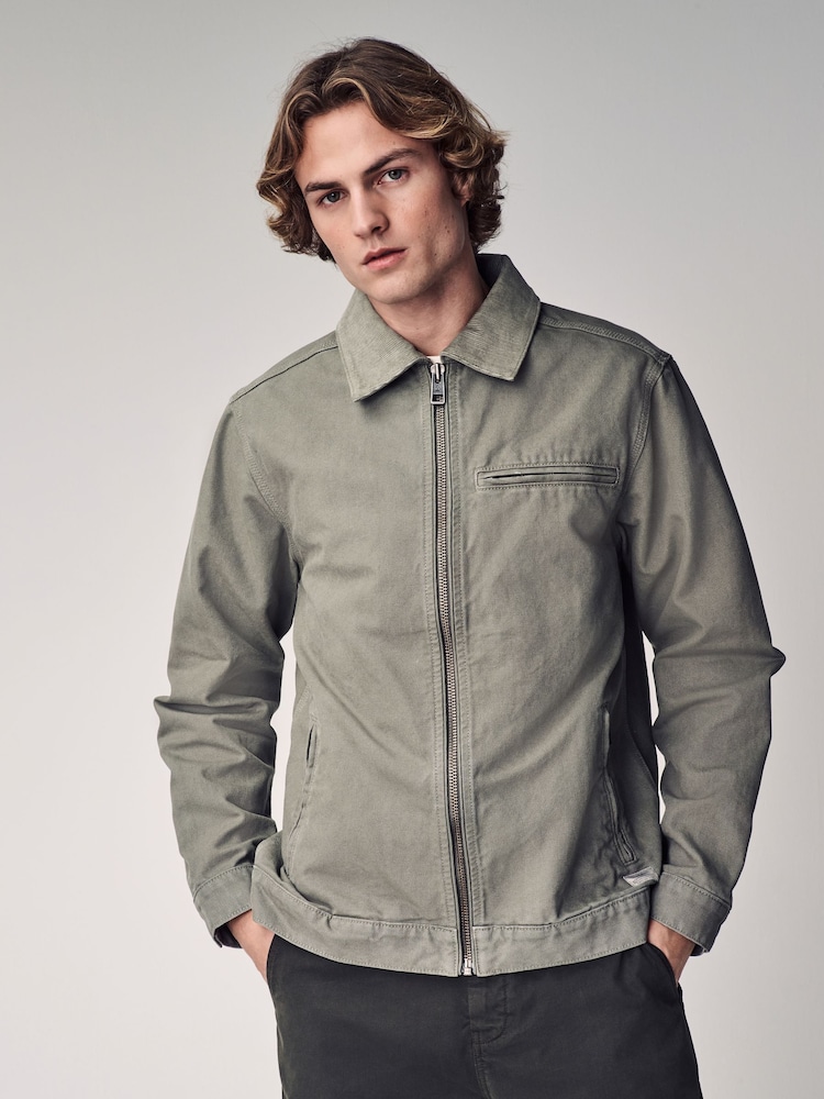 Sage Green Canvas Worker Jacket with Corduroy Collar - Image 4 of 8