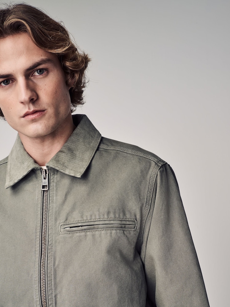Sage Green Canvas Worker Jacket with Corduroy Collar - Image 6 of 8