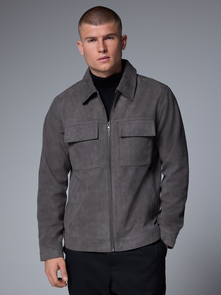 Grey Faux Suede Zip Through Shacket - Image 2 of 10