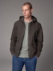 Dark Brown 100% Cotton Canvas Hooded Zip Through Worker Jacket - Image 1 of 14