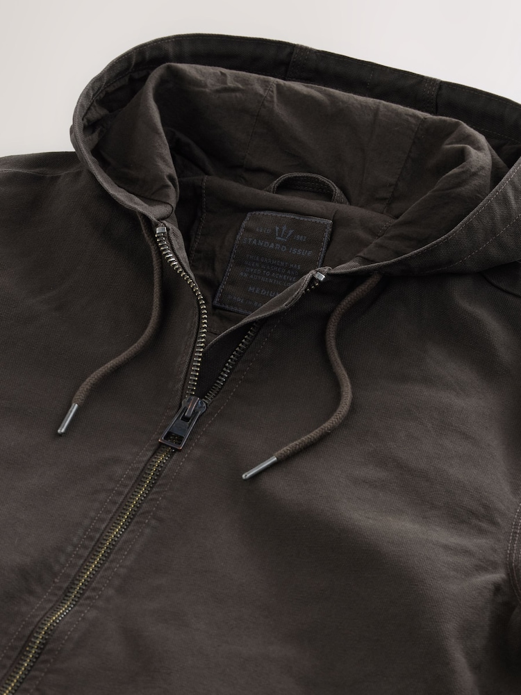 Dark Brown 100% Cotton Canvas Hooded Zip Through Worker Jacket - Image 14 of 14