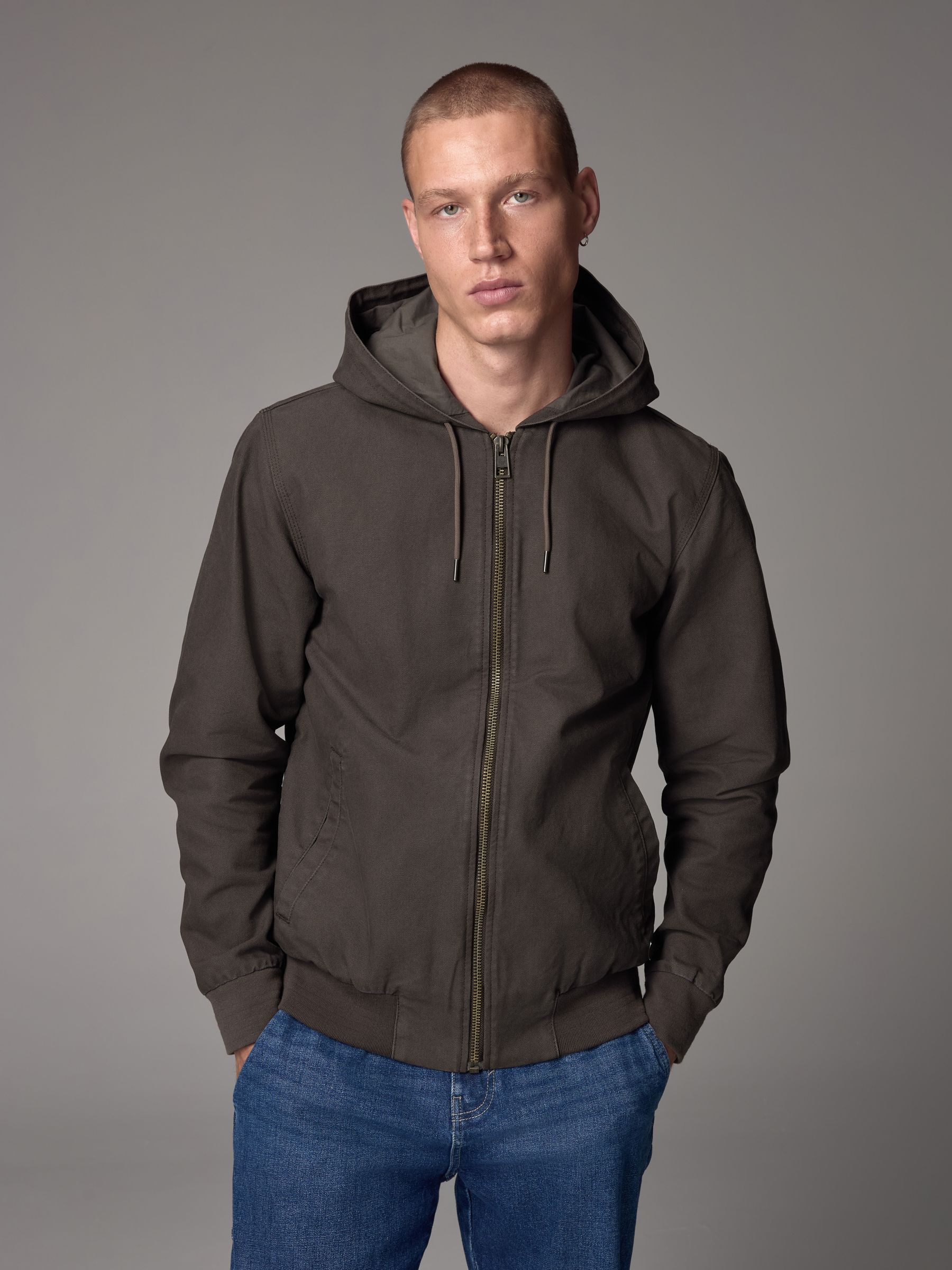 世界の Canvas Cotton 100% Brown Dark Buy Hooded Worker Through Zip Clothing