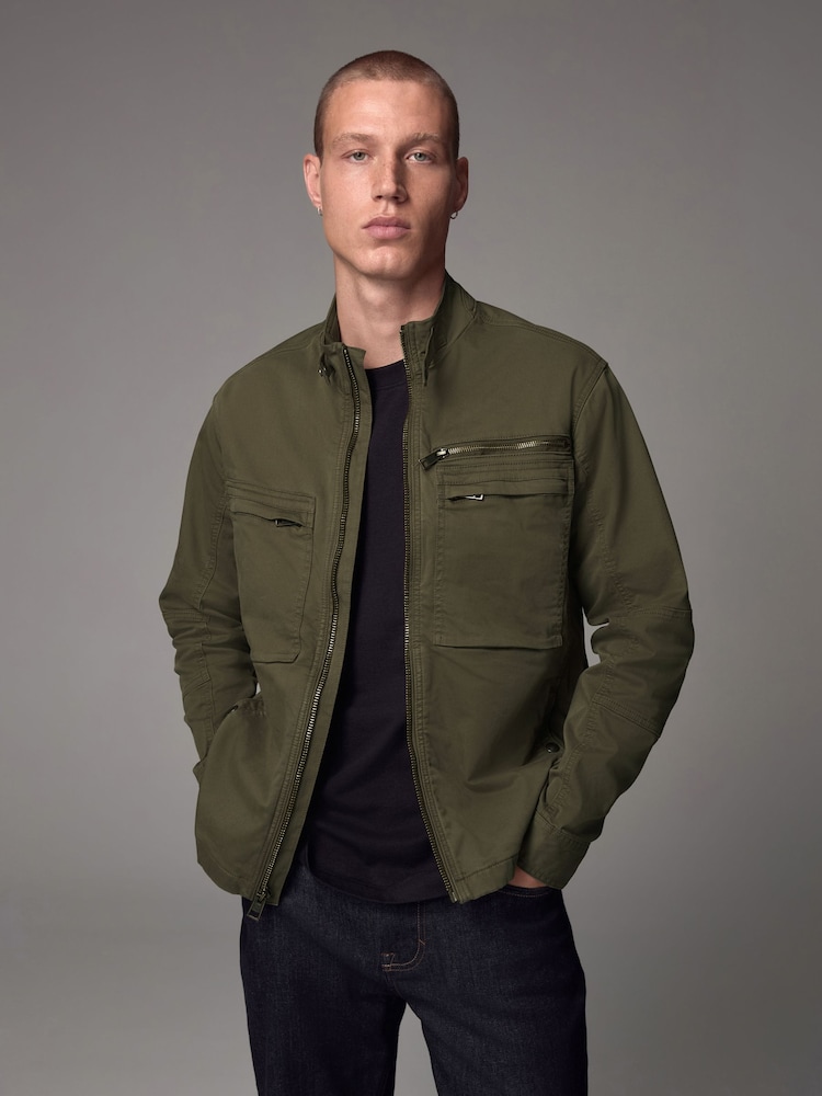 Khaki Green Zip Through Funnel Jacket - Image 1 of 8