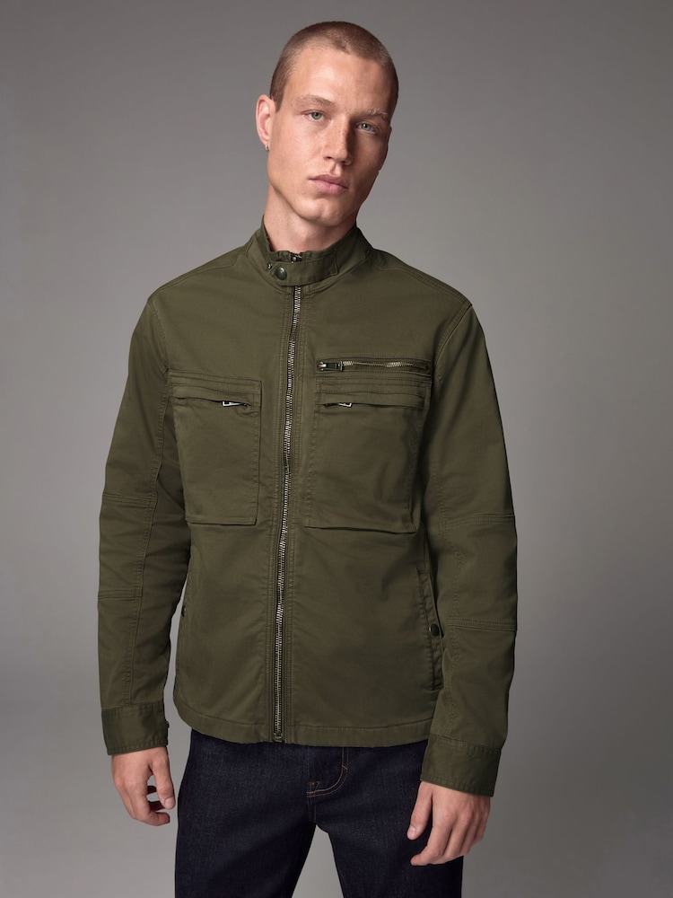 Khaki Green Zip Through Funnel Jacket - Image 4 of 8