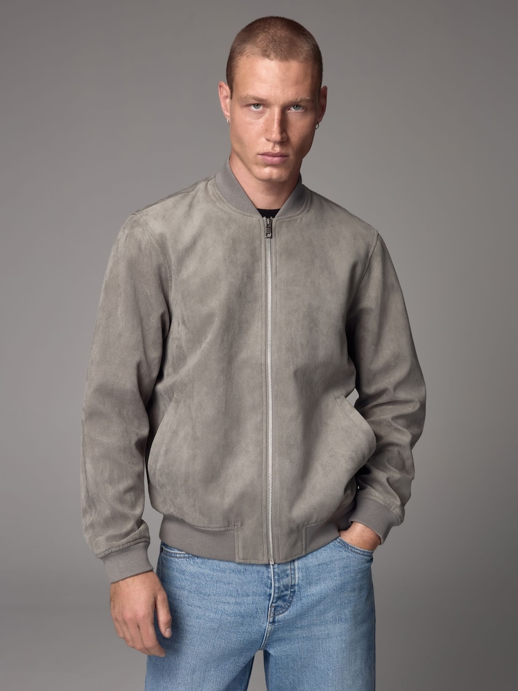 Light Grey Faux Suede Bomber Jacket - Image 1 of 11
