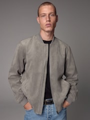 Light Grey Faux Suede Bomber Jacket - Image 4 of 11