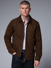 Brown Faux Suede Zip Through Collared Shacket - Image 1 of 10
