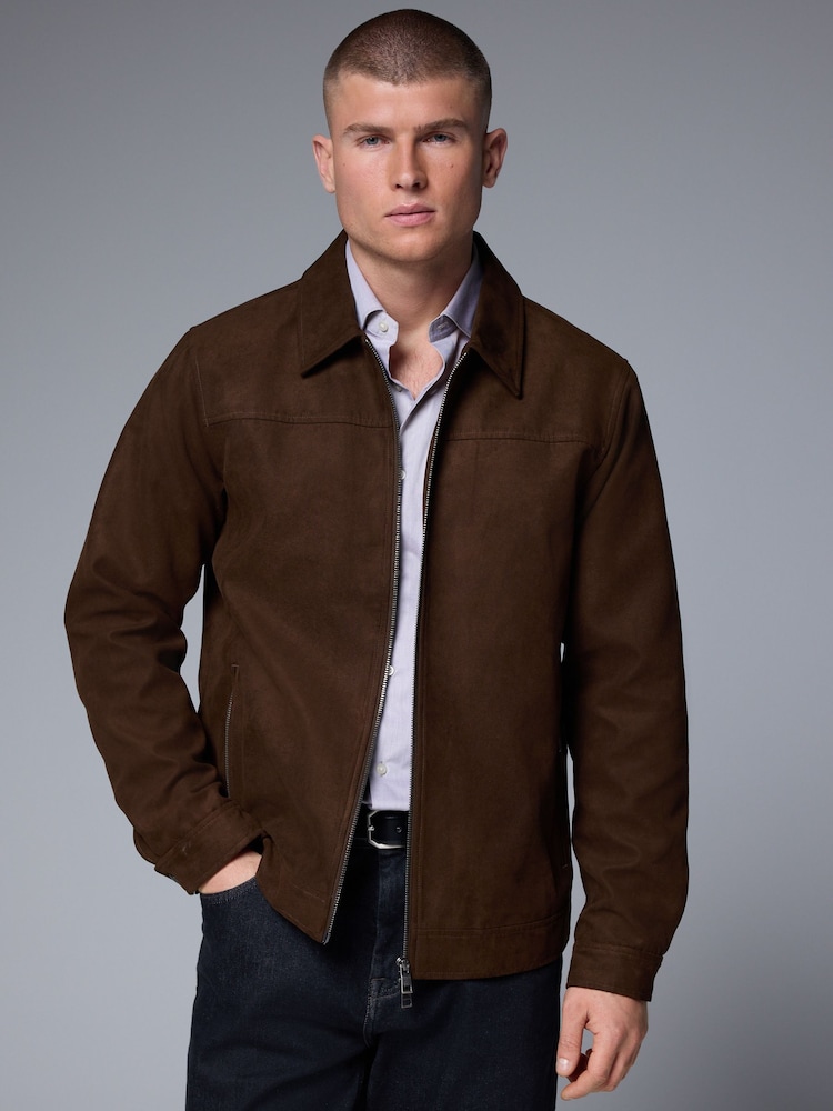 Brown Faux Suede Zip Through Collared Shacket - Image 1 of 10