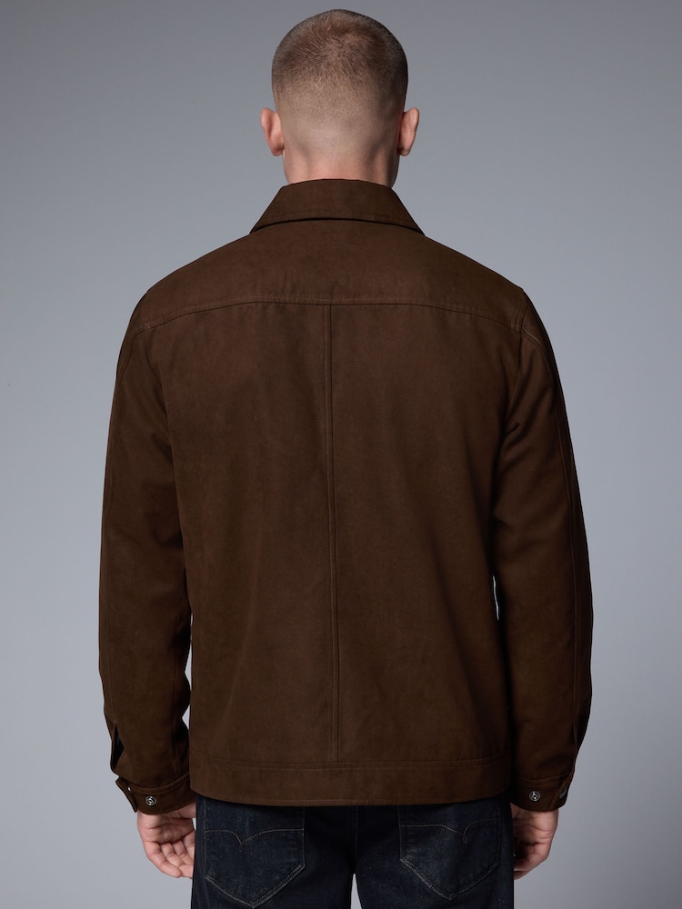 Brown Faux Suede Zip Through Collared Shacket - Image 2 of 10