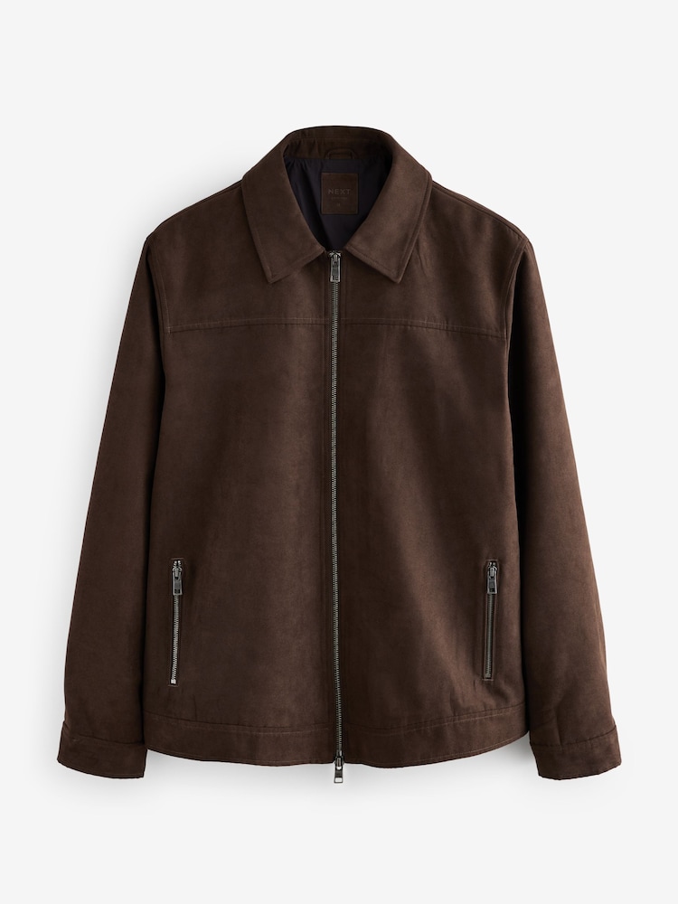 Brown Faux Suede Zip Through Collared Shacket - Image 6 of 10