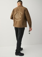 Embroidered Tan Brown Canvas Worker Jacket with Corduroy Collar - Image 1 of 7
