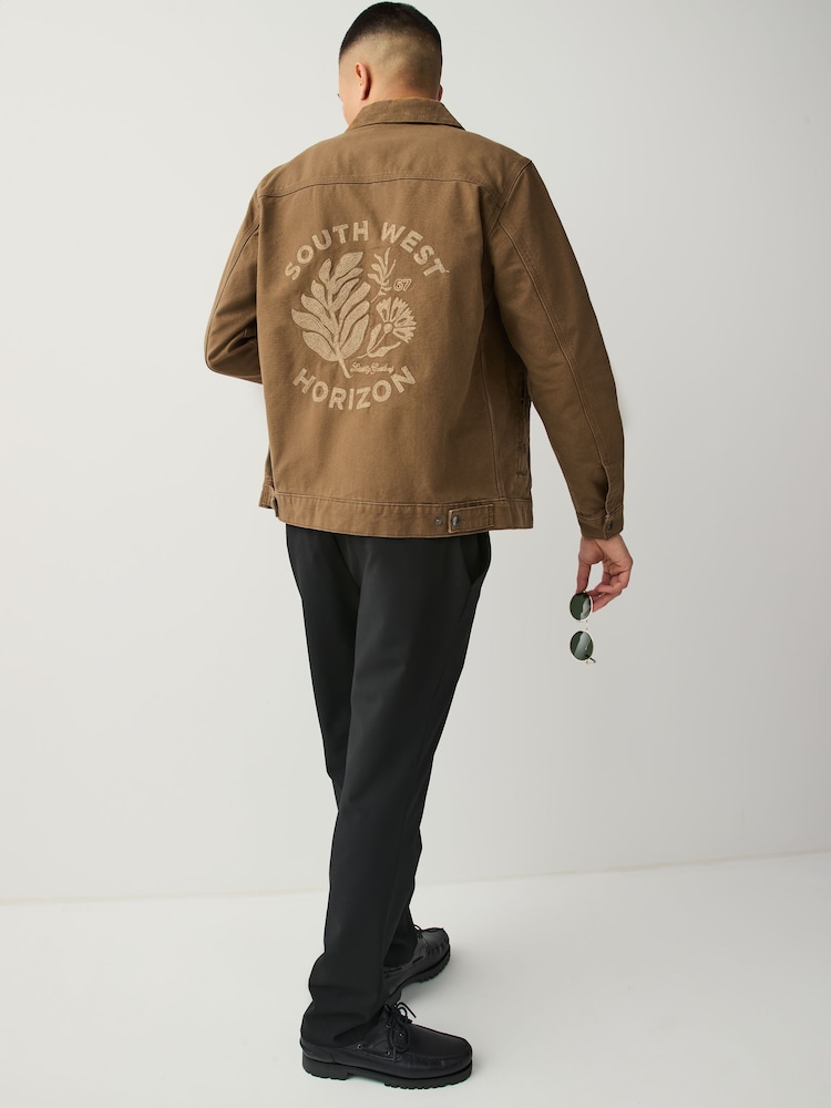 Embroidered Tan Brown Canvas Worker Jacket with Corduroy Collar - Image 1 of 7