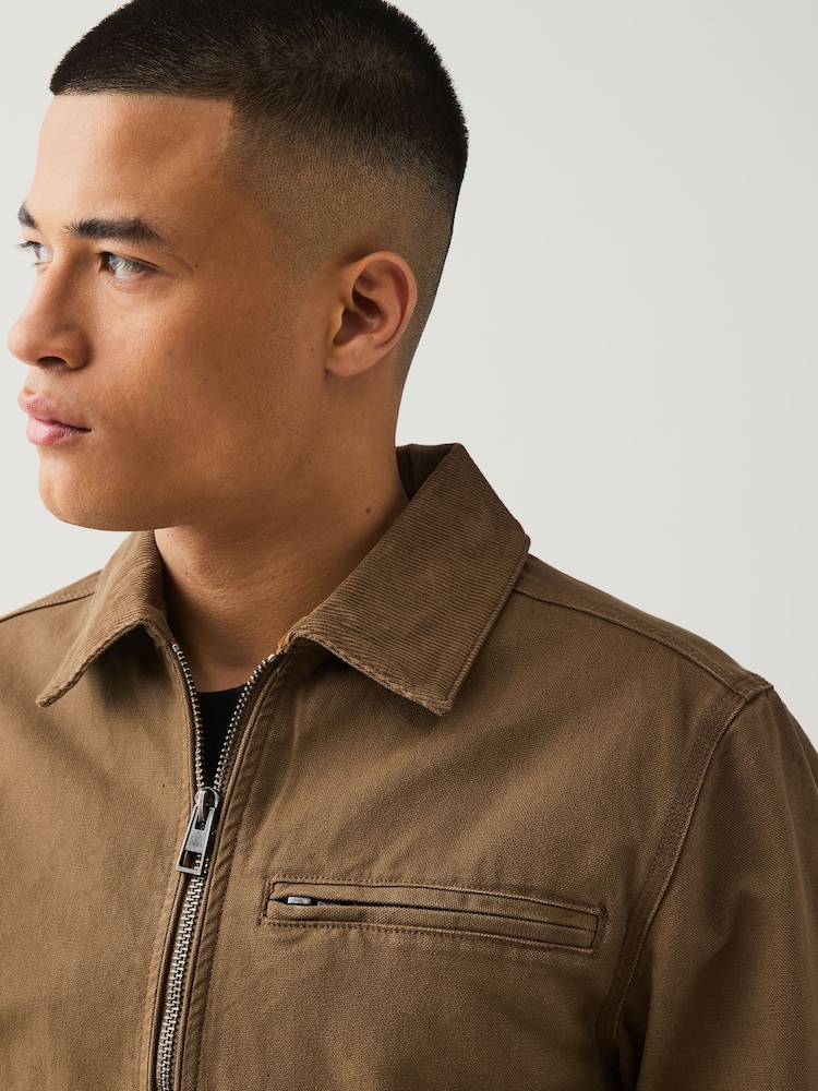 Embroidered Tan Brown Canvas Worker Jacket with Corduroy Collar - Image 4 of 7