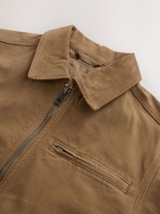 Embroidered Tan Brown Canvas Worker Jacket with Corduroy Collar - Image 7 of 7