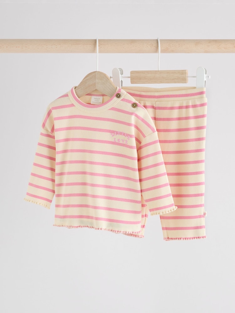 Weiß/Pink mit Streifen - Baby Top and Wide Leg Trousers 2 Piece Set (0mths-2yrs) - Bild 1 von 10