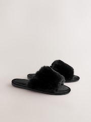 Black Faux Fur Slider Slippers - Image 2 of 5