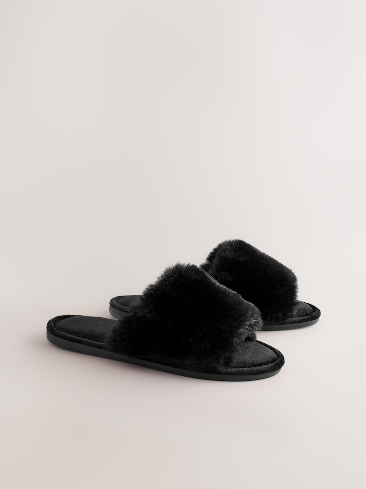 Black Faux Fur Slider Slippers - Image 2 of 5