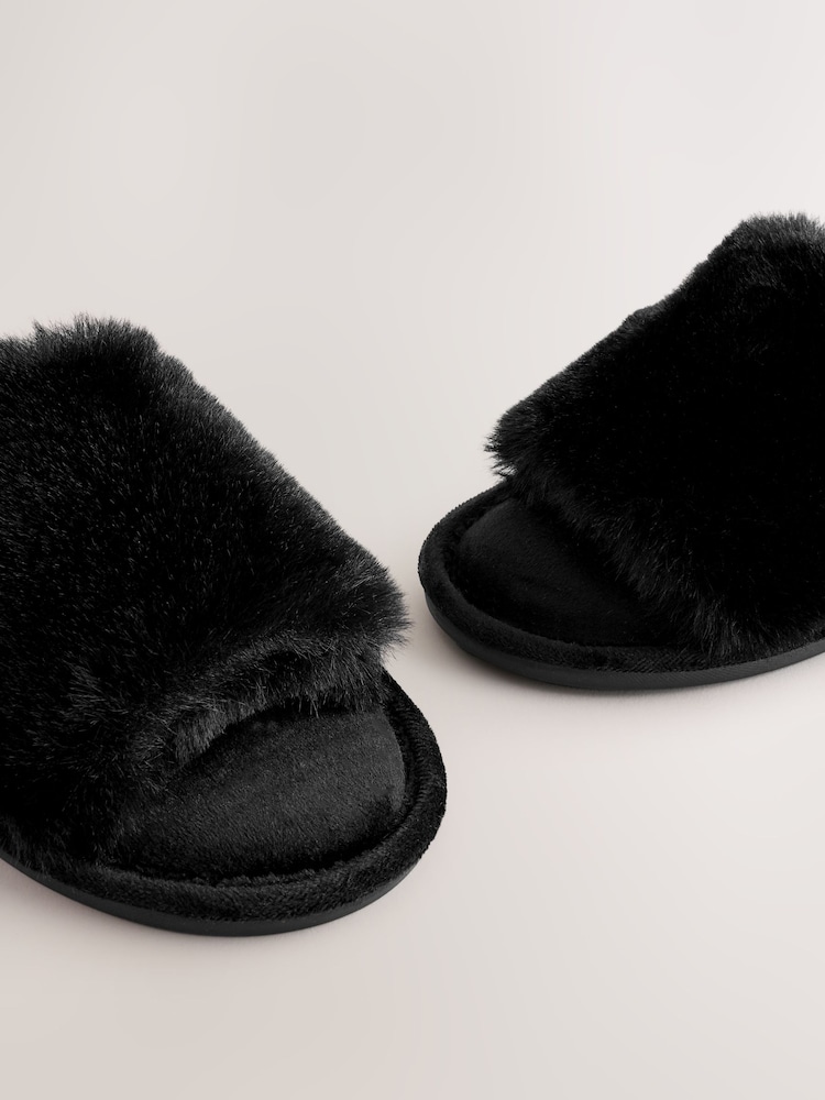 Black Faux Fur Slider Slippers - Image 3 of 5