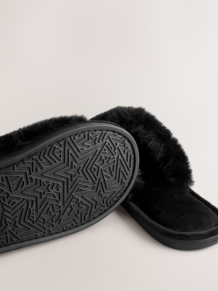 Black Faux Fur Slider Slippers - Image 4 of 5