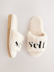 self. Ecru Borg Slider Slippers - Image 1 of 5