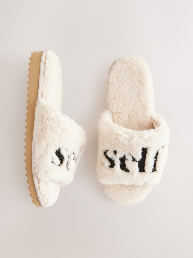 self. Ecru Borg Slider Slippers - Image 1 of 5