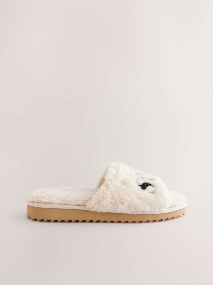 self. Ecru Borg Slider Slippers - Image 2 of 5