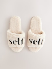 self. Ecru Borg Slider Slippers - Image 3 of 5