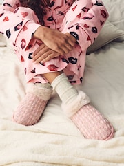 Pink Tweed Boot Slippers with Faux Fur Lining - Image 1 of 7