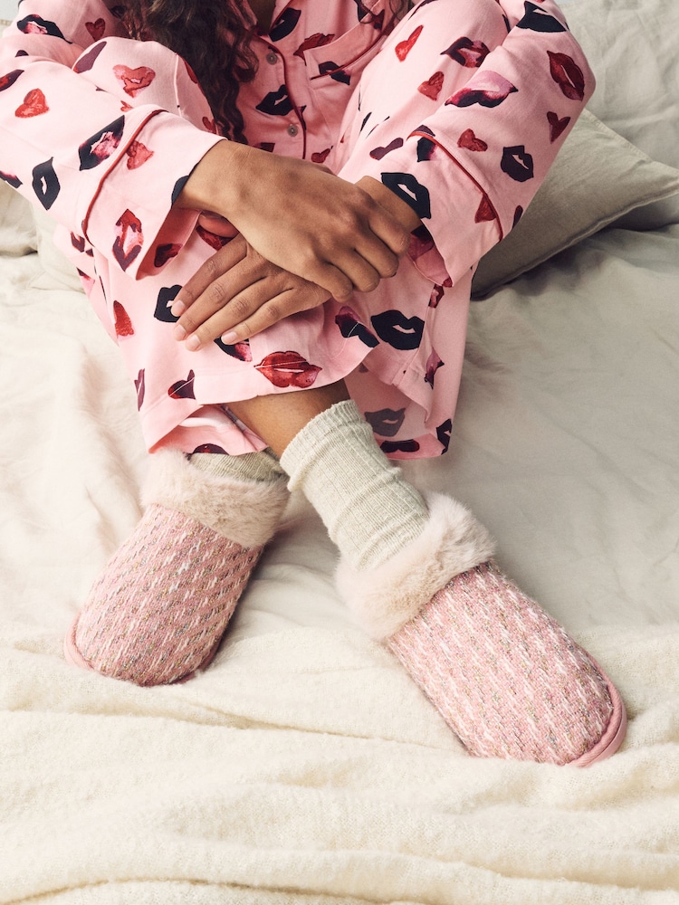 Pink Tweed Boot Slippers with Faux Fur Lining - Image 1 of 7