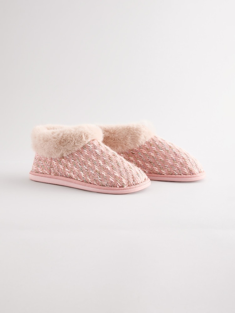 Pink Tweed Boot Slippers with Faux Fur Lining - Image 2 of 7
