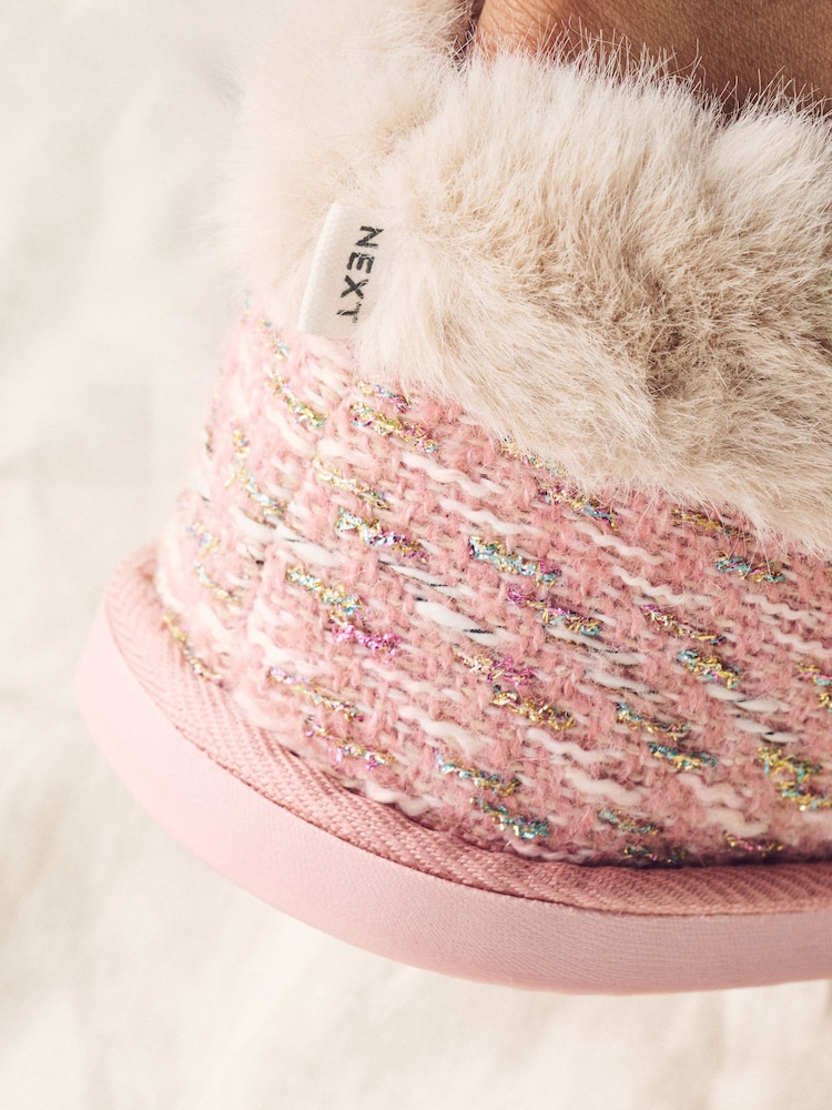 Pink Tweed Boot Slippers with Faux Fur Lining - Image 7 of 7