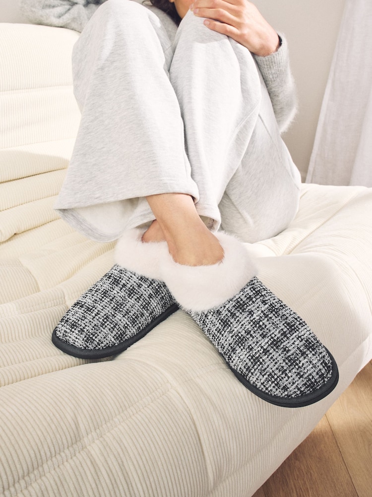 Neutral Tweed Boot Slippers with Faux Fur Lining - Image 1 of 10