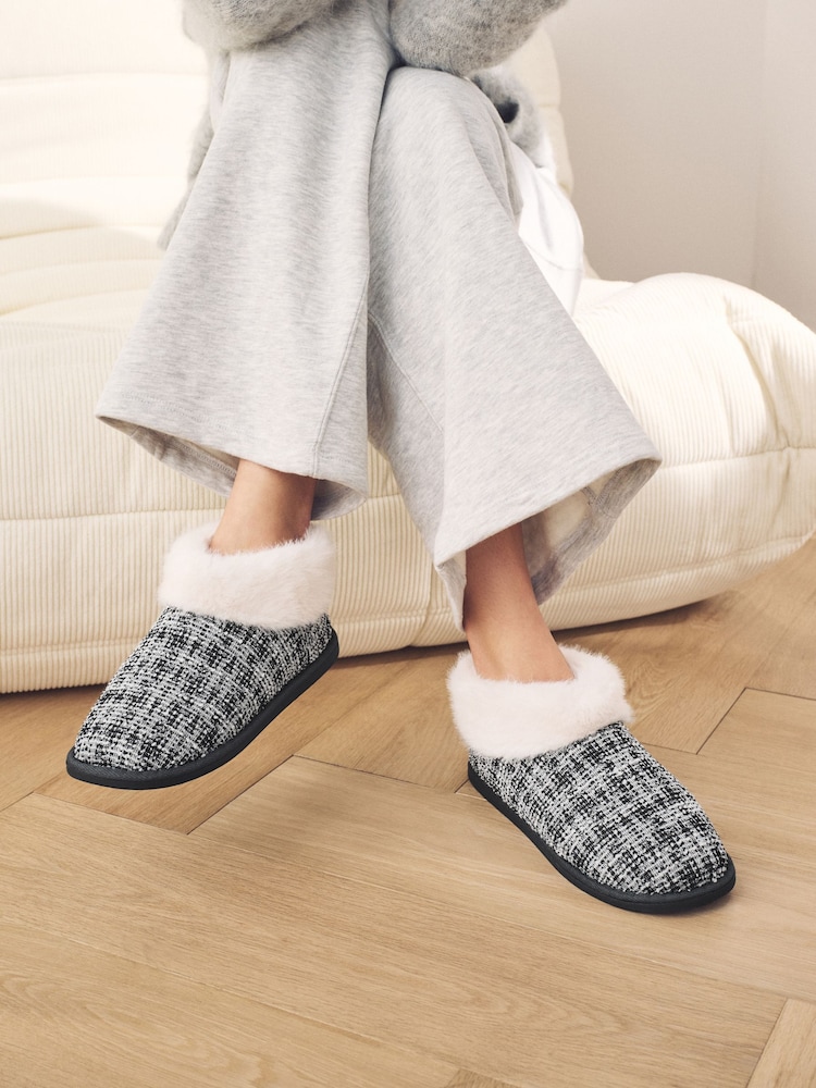 Neutral Tweed Boot Slippers with Faux Fur Lining - Image 2 of 10