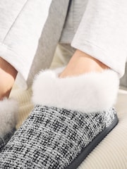Neutral Tweed Boot Slippers with Faux Fur Lining - Image 3 of 10