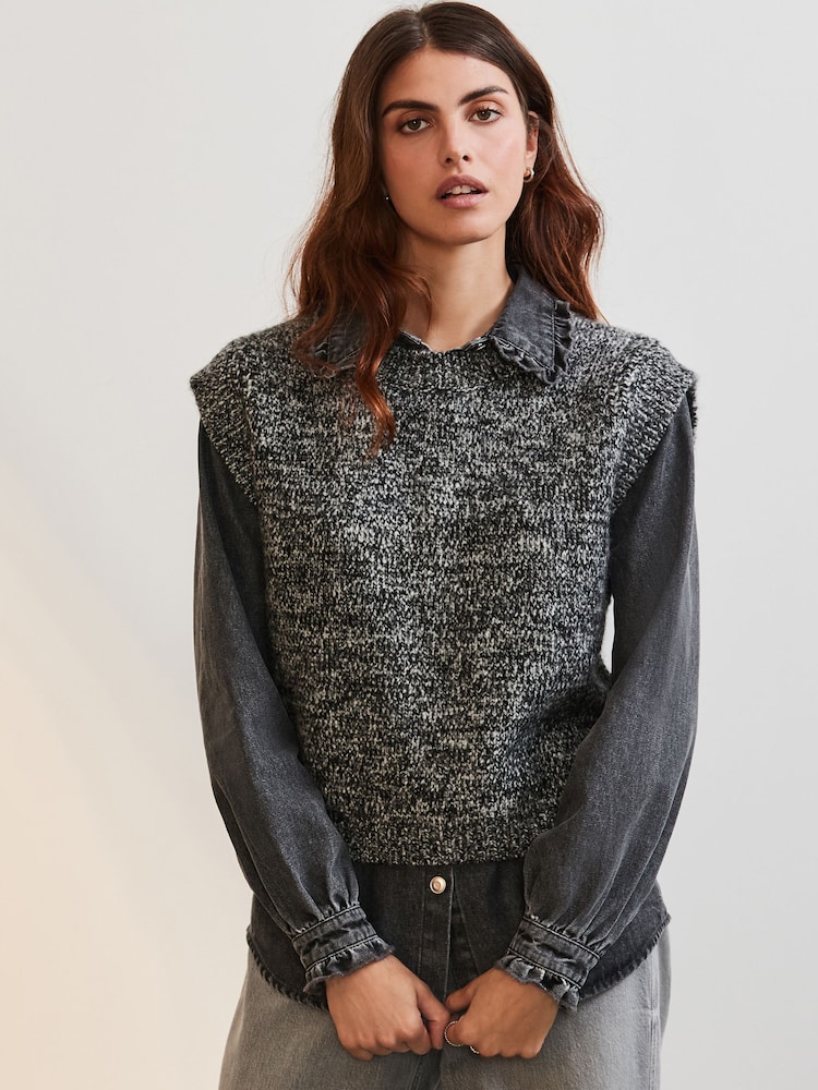 Monochrome Denim Shirt Layer 2 in 1 Knitted Tank Jumper with Wool - Image 2 of 7