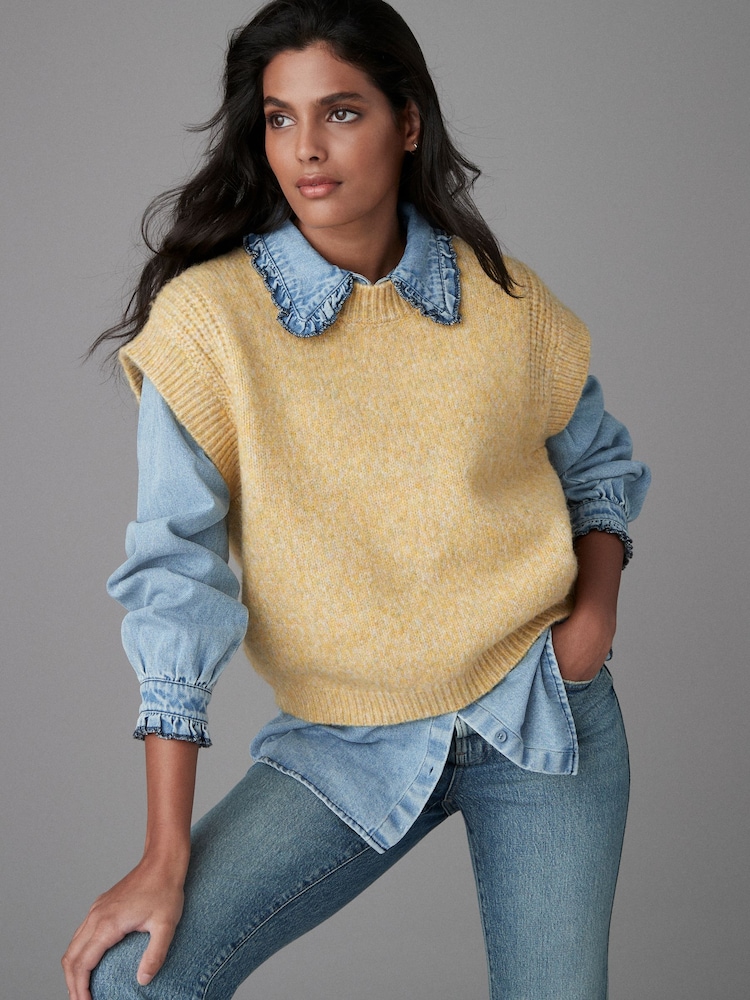Yellow Denim Shirt Layer 2 in 1 Knitted Tank Jumper with Wool - Image 1 of 7