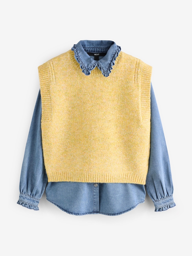 Yellow Denim Shirt Layer 2 in 1 Knitted Tank Jumper with Wool - Image 5 of 7