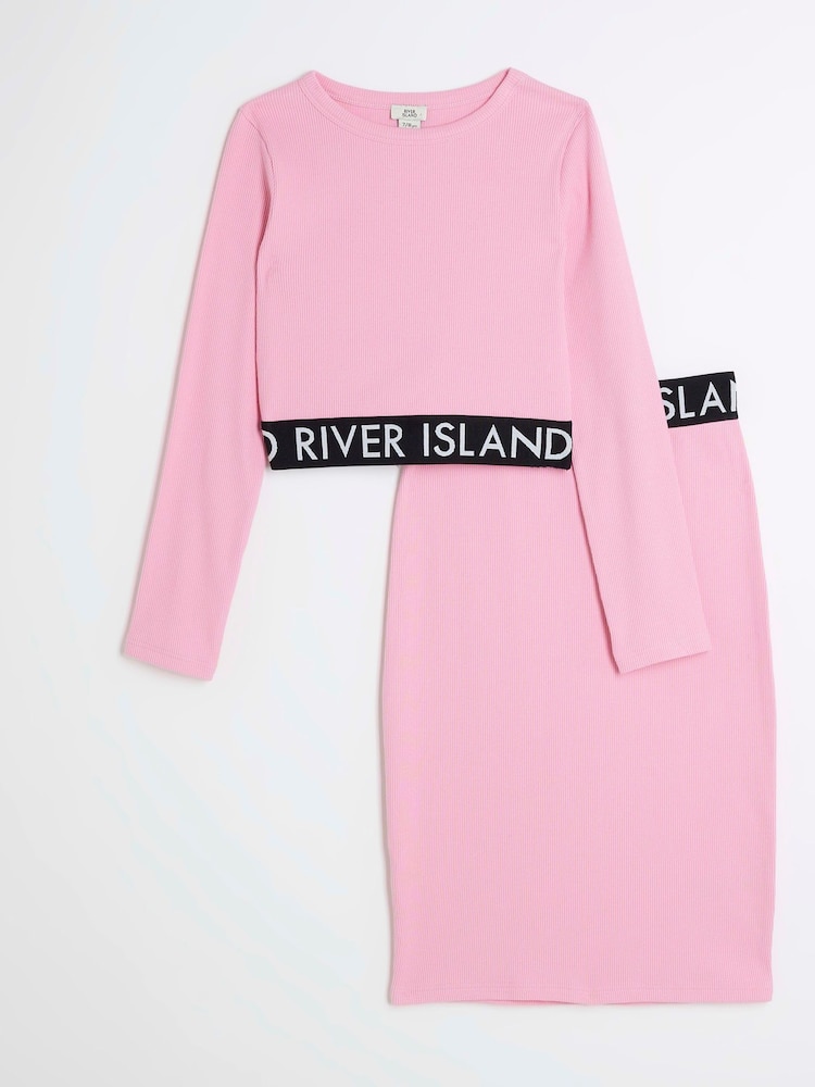 River Island Pink Girls Ribbed Midi 100% Cotton Skirt Set - Image 1 of 5