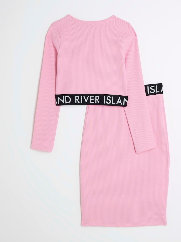 River Island Pink Girls Ribbed Midi 100% Cotton Skirt Set - Image 2 of 5