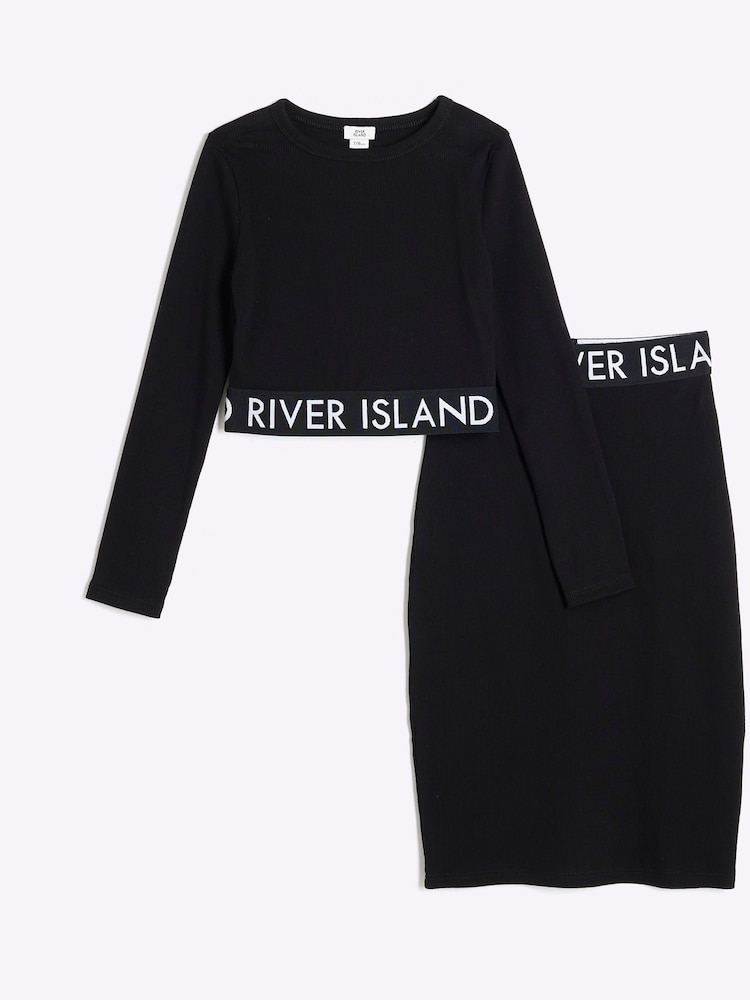 River Island Black Girls Ribbed Midi 100% Cotton Skirt Set - Image 1 of 5
