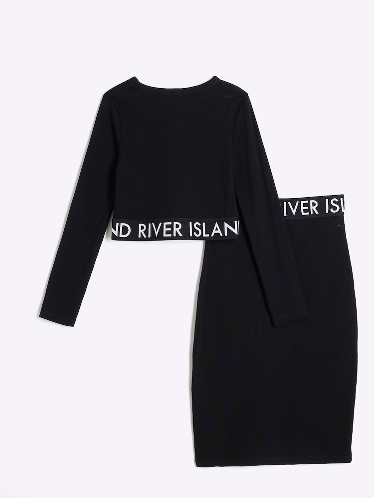 River Island Black Girls Ribbed Midi 100% Cotton Skirt Set - Image 2 of 5