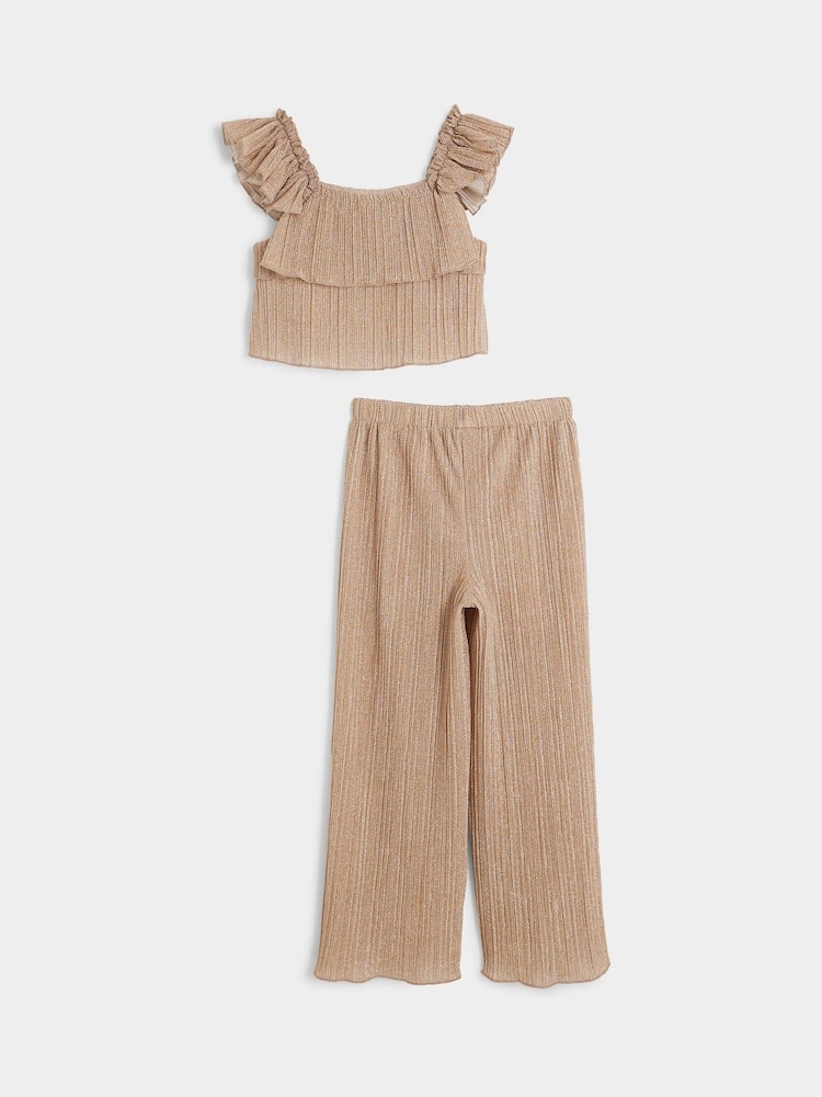 River Island Brown Girls Shimmer 100% Cotton Plisse Set - Image 2 of 4
