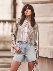 Mint Velvet Gold Sequin Fringe Crop Jacket - Image 1 of 4