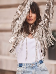 Mint Velvet Gold Sequin Fringe Crop Jacket - Image 2 of 4