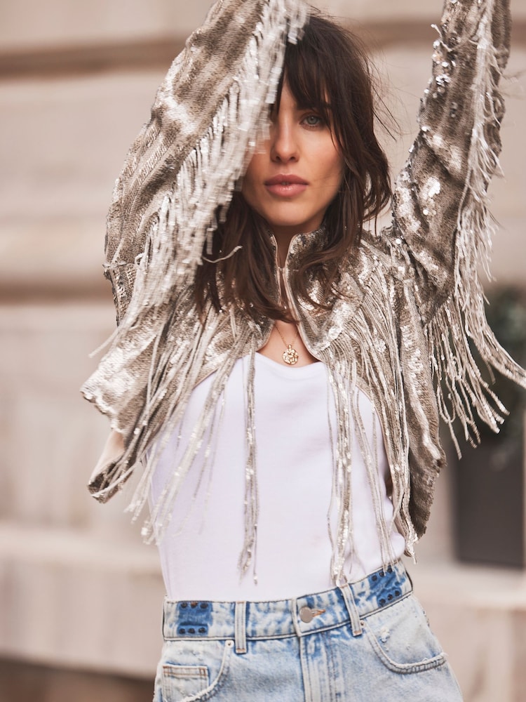 Mint Velvet Gold Sequin Fringe Crop Jacket - Image 2 of 4 Mint Velvet Gold Sequin Fringe Crop Jacket - Image 2 of 4