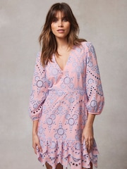 Mint Velvet Pink Broderie Anglaise Mini 100% Cotton Dress - Image 1 of 4