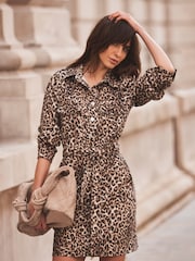 Mint Velvet Brown Leopard Print Denim Mini Shirt Dress - Image 1 of 4