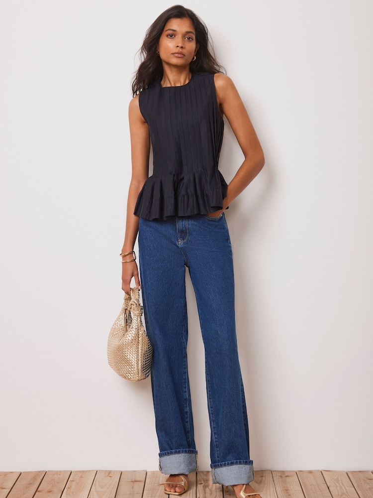 Mint Velvet Blue Cotton Peplum Top - Image 1 of 4