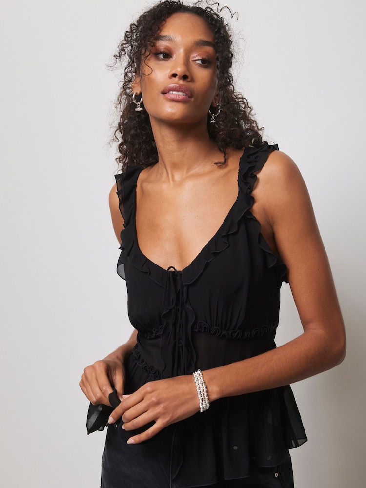 Mint Velvet Black Ruffle Cami Top - Image 1 of 4